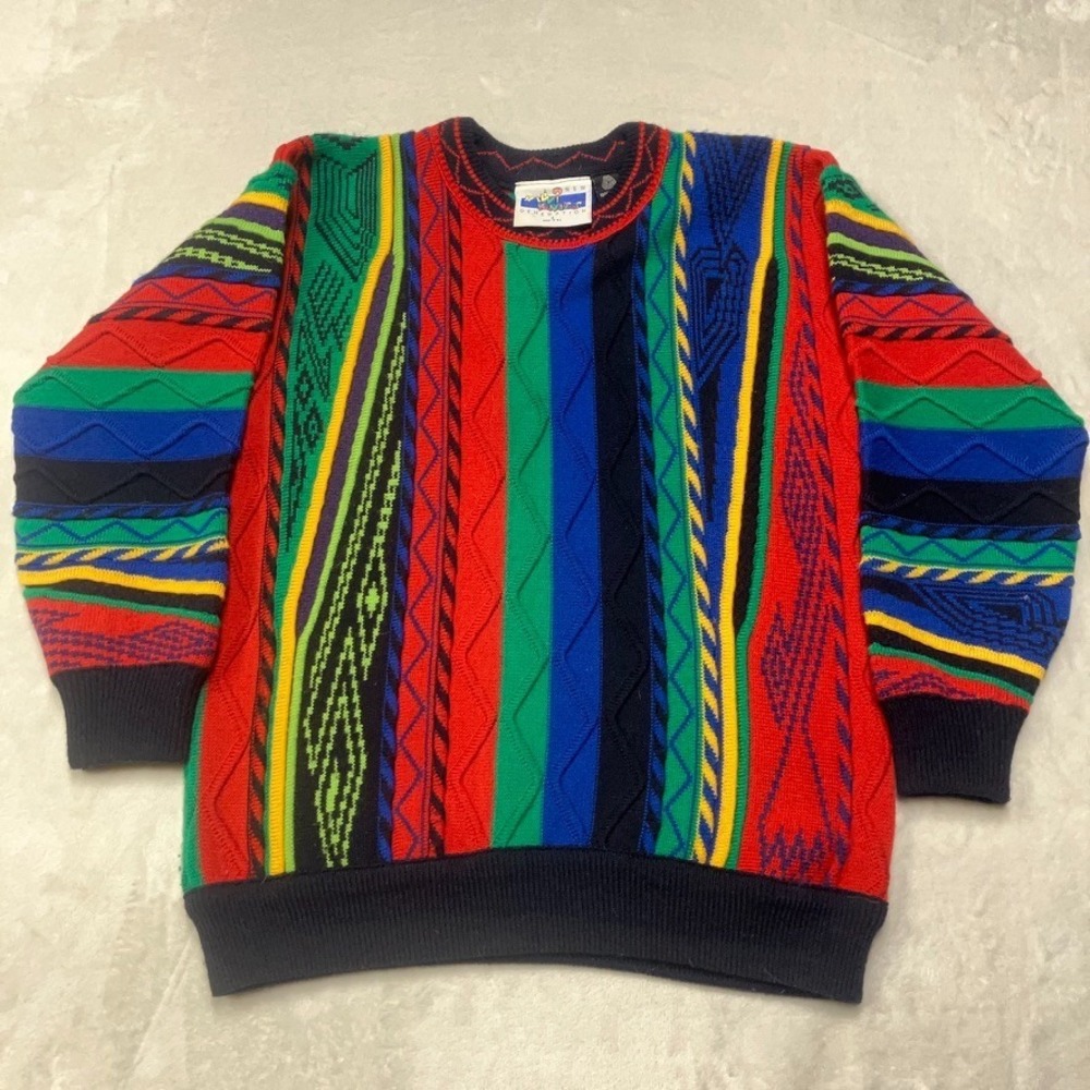 Vintage 90s 3D Knit Sweater Cosby Biggie Coogi Style Colorful Striped Mens S